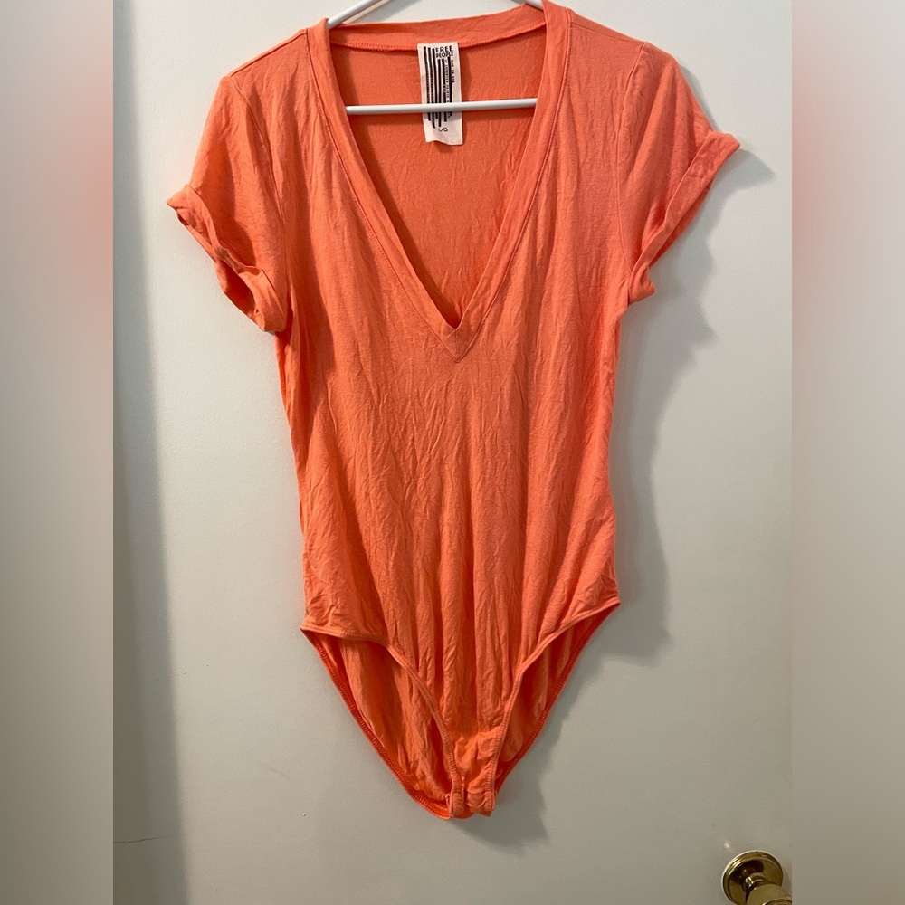 Free People Americana V-Neck short sleeve Coral Bodysuit Sz L